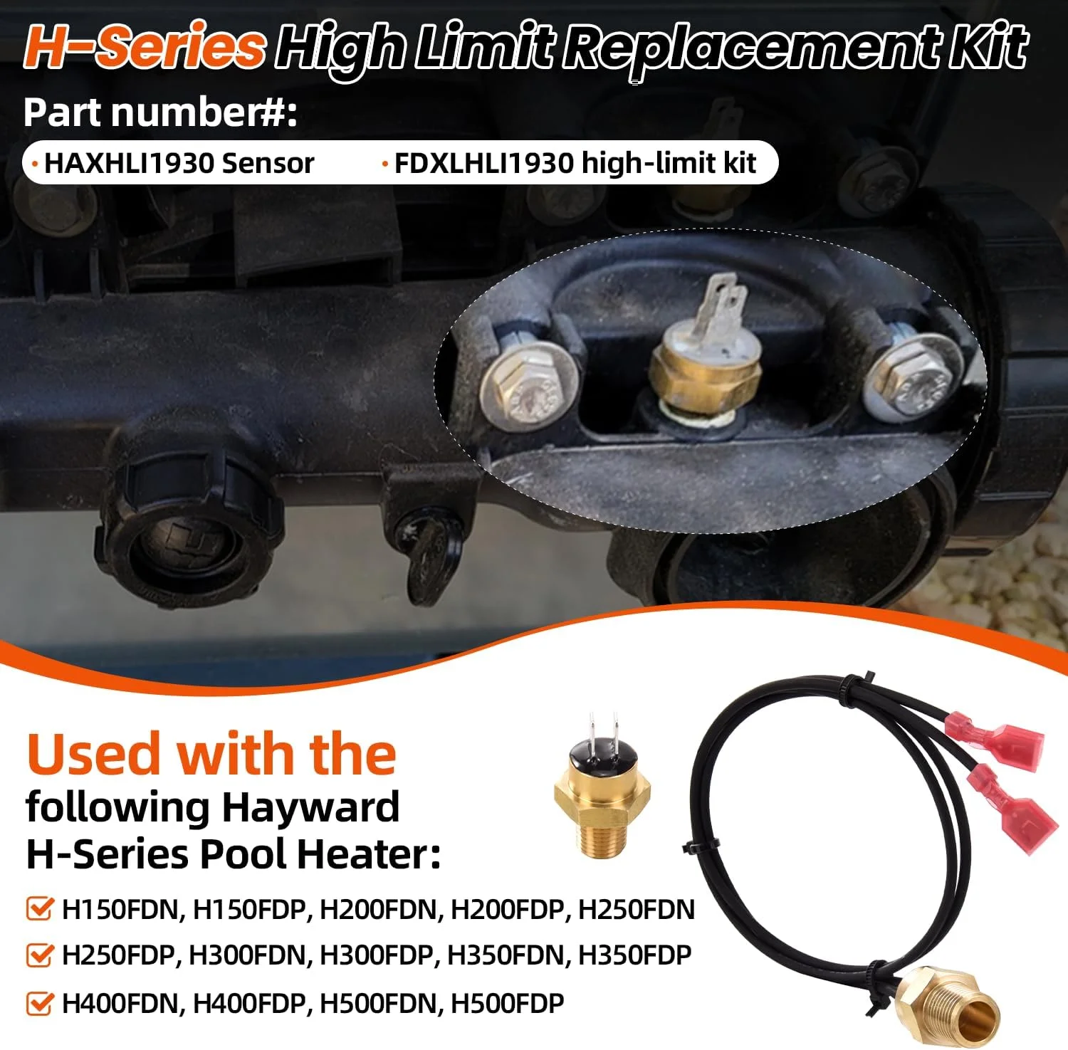 کیت جایگزینی سنسور hodflop HAXHLI1930 و سیم‌های سوئیچ حد بالای FDXLHLI1930 با دمای 135 درجه فارنهایت سازگار با بخاری استخر سری H هایوارد مدل‌های H150FD-H500FD, H150FDN-H500FDN, H150FDP-H500FDP