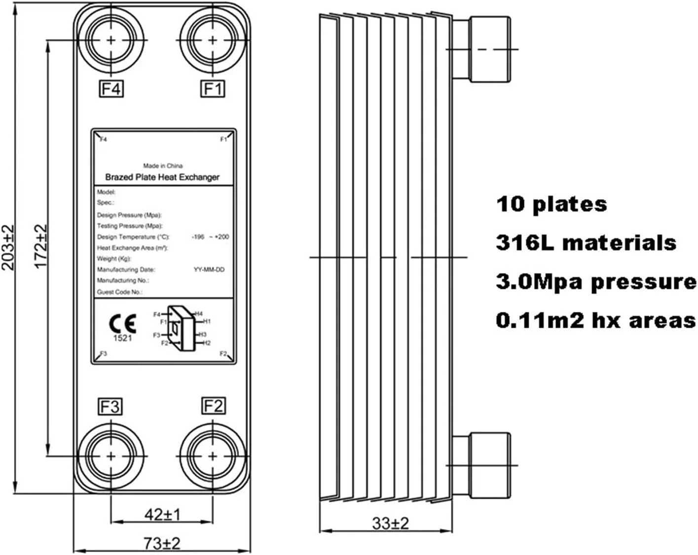 مبدل حرارتی، 10 صفحه مبدل حرارتی مسی، مبدل حرارتی فولادی ضد زنگ با اتصالات مادگی BSPP 1/2 اینچی برای گرمایش از کف، گرمایش آب