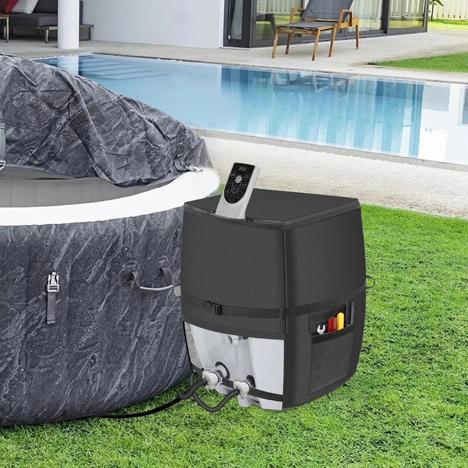 Hot Tub Pump Cover - Spa Heater Pump Protection Cover | Zipper Closure Heat Loss Prevention Fabric for Backyard Hotels Apartment Beach House Villa