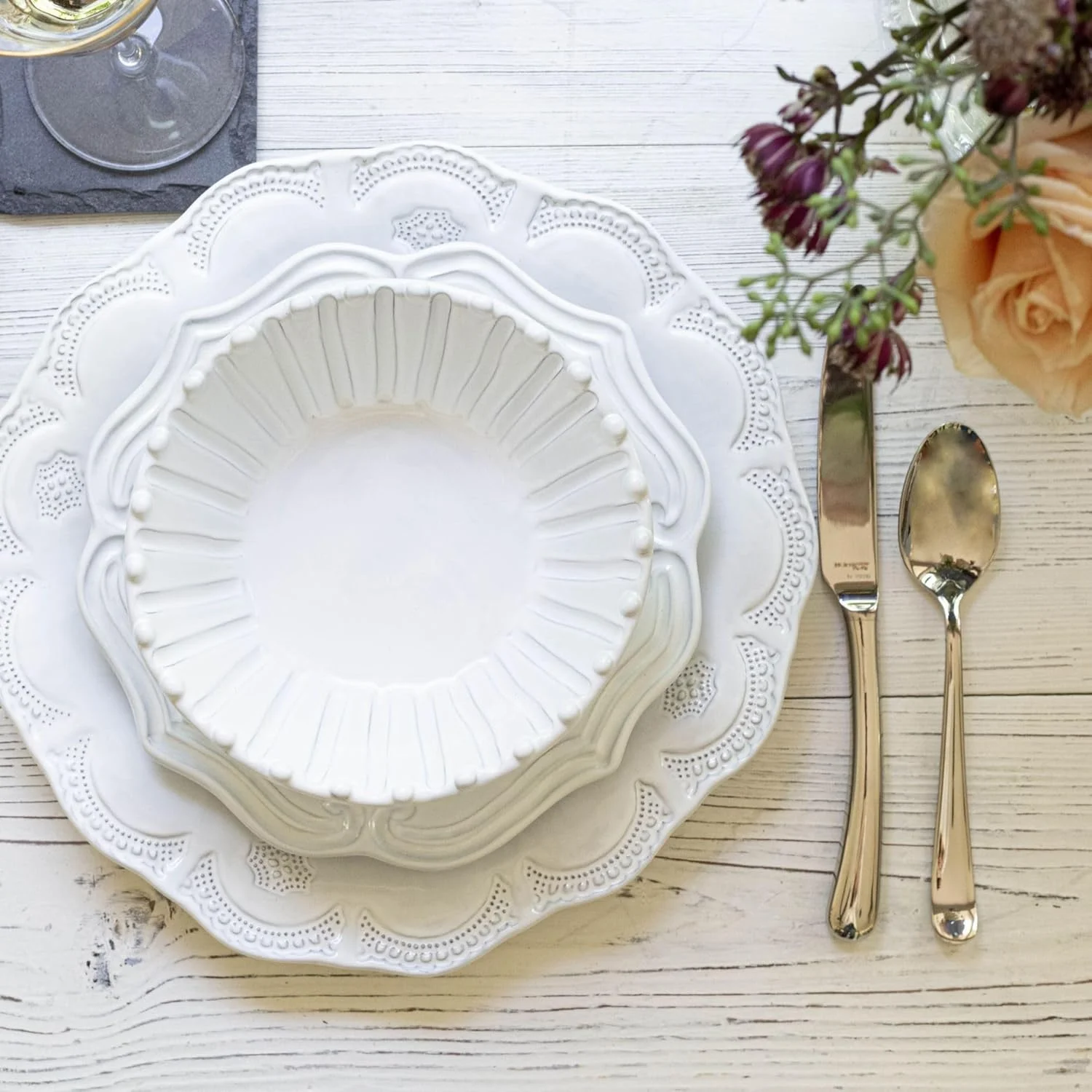 ست غذاخوری 4 تکه وییتری اینکانتو لیس - ست ظروف ایتالیایی با کاسه های غلات/پاستا و بشقاب های سالاد/غذاخوری، سفالی