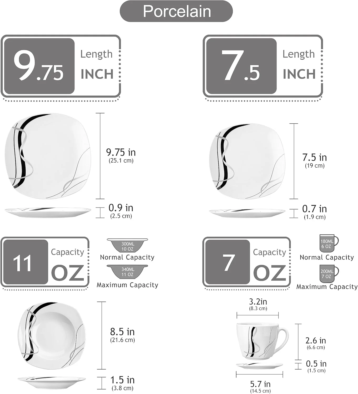 VEWEET، سری فیونا، ست ظروف غذاخوری سرامیکی 30 پارچه با راه راه های مشکی و خاکستری، ست مربع چینی سفید عاجی، شامل بشقاب های دسر، بشقاب های سوپ، بشقاب های غذاخوری، فنجان و نعلبکی، مناسب برای 6 نفر