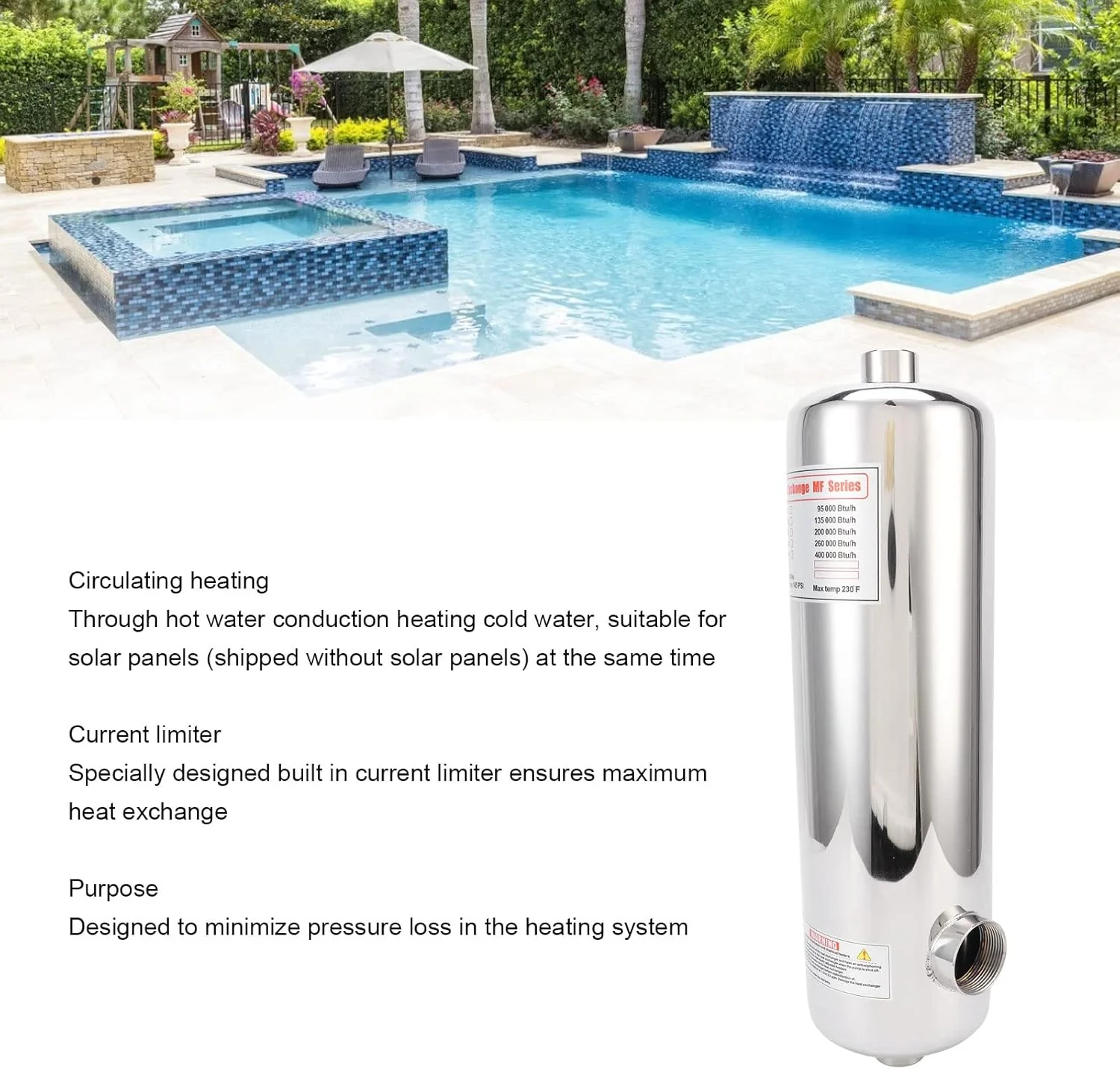 مبدل حرارتی استخر شنا RvSky، بخاری ترموستات اسپا 60 کیلووات تجهیزات گرمایش گردش استخر با پشتیبانی ثابت، مناسب برای شنا در زمستان