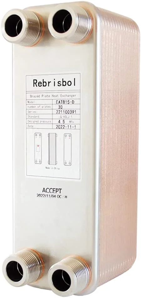مبدل حرارتی صفحه ای لحیم کاری شده Rebrisbol، 3"x8"، 30 صفحه، مبدل حرارتی آب به آب، مس/فولاد ضد زنگ SS316L، 3/4" NPT نر