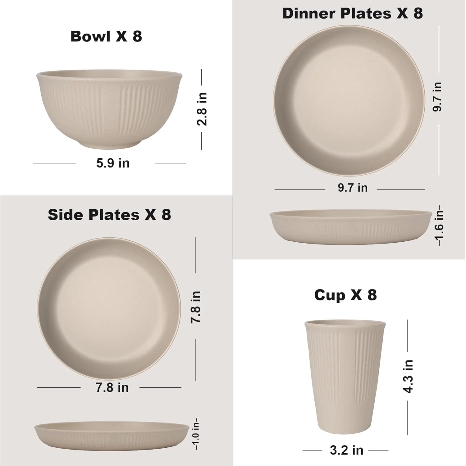 ست ظروف نشکن غذاخوری برای 8 نفر، ست بشقاب و کاسه پلاستیکی، ست ظروف قابل استفاده مجدد، قابل استفاده در مایکروویو و ماشین ظرفشویی، ست شام مهمانی پیک نیک خانگی 16 عدد بشقاب، 8 عدد کاسه، 8 عدد فنجان، بژ