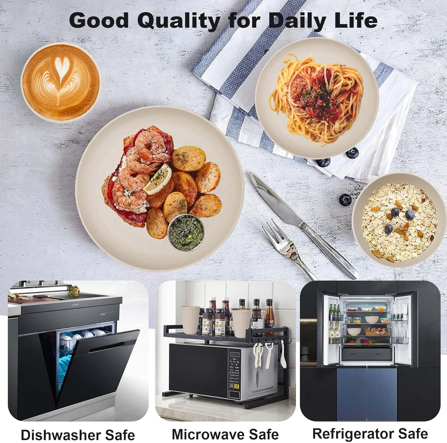 ست ظروف نشکن غذاخوری برای 8 نفر، ست بشقاب و کاسه پلاستیکی، ست ظروف قابل استفاده مجدد، قابل استفاده در مایکروویو و ماشین ظرفشویی، ست شام مهمانی پیک نیک خانگی 16 عدد بشقاب، 8 عدد کاسه، 8 عدد فنجان، بژ