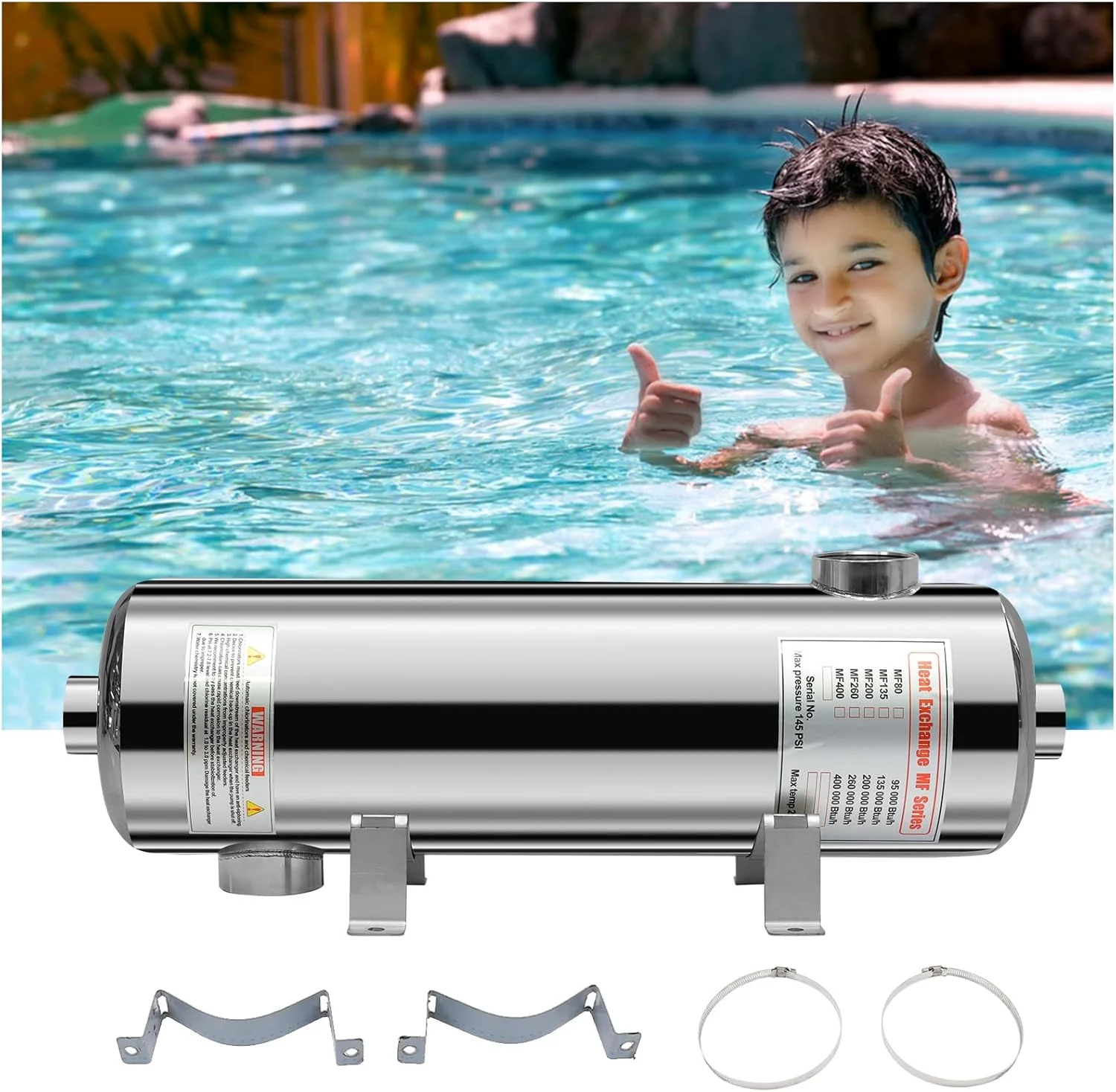 مبدل حرارتی استخر شنا JENLER، فولاد ضد زنگ 304، کارآمد و بادوام، ایده آل برای استخرها، اسپاها و وان های آب گرم، مناسب برای صاحبان خانه و علاقه مندان به تناسب اندام 200