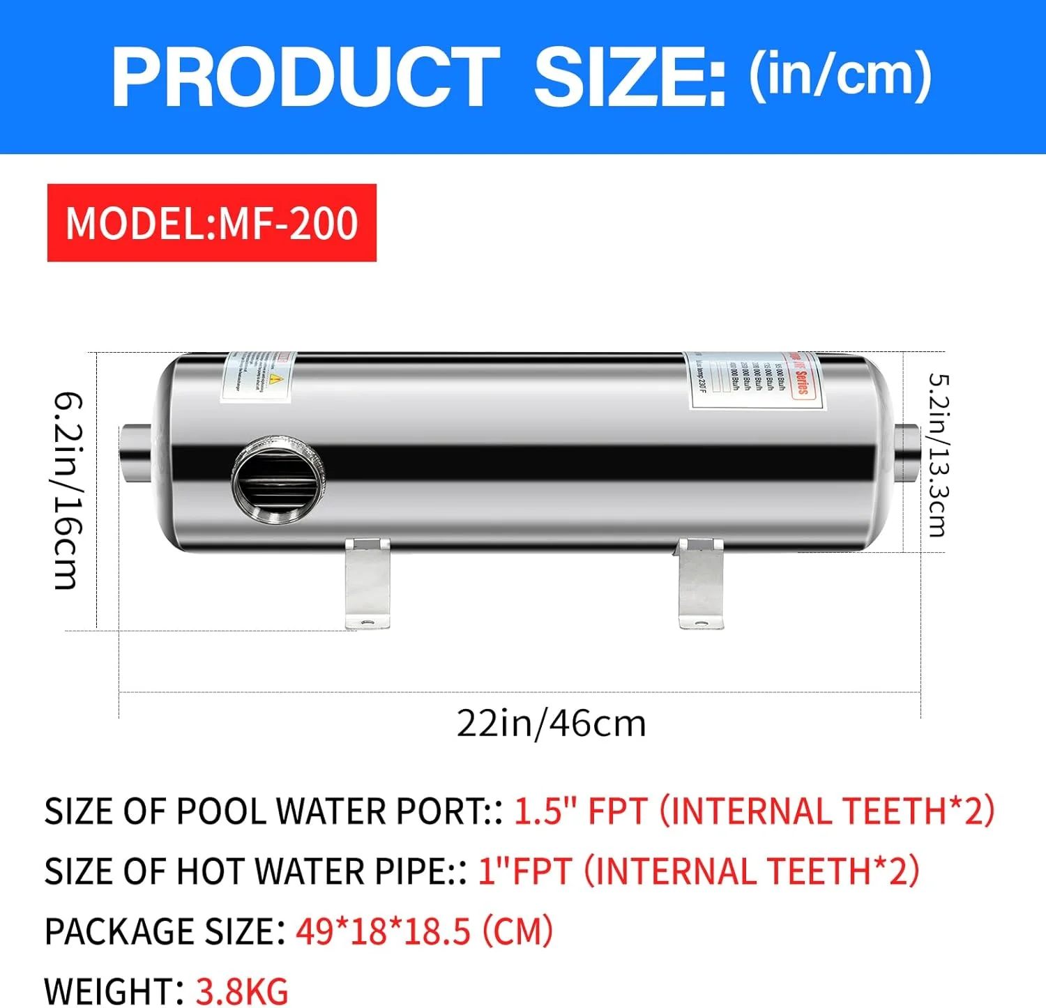مبدل حرارتی استخر شنا JENLER، فولاد ضد زنگ 304، کارآمد و بادوام، ایده آل برای استخرها، اسپاها و وان های آب گرم، مناسب برای صاحبان خانه و علاقه مندان به تناسب اندام 200