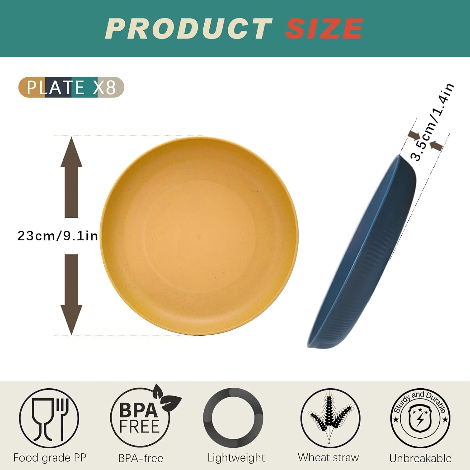 ست 8 تایی ظروف غذاخوری نی گندم TERRIFI، بشقاب های پلاستیکی نشکن قابل استفاده مجدد، مناسب برای آشپزخانه، کمپینگ، سالاد (9.1 اینچ)