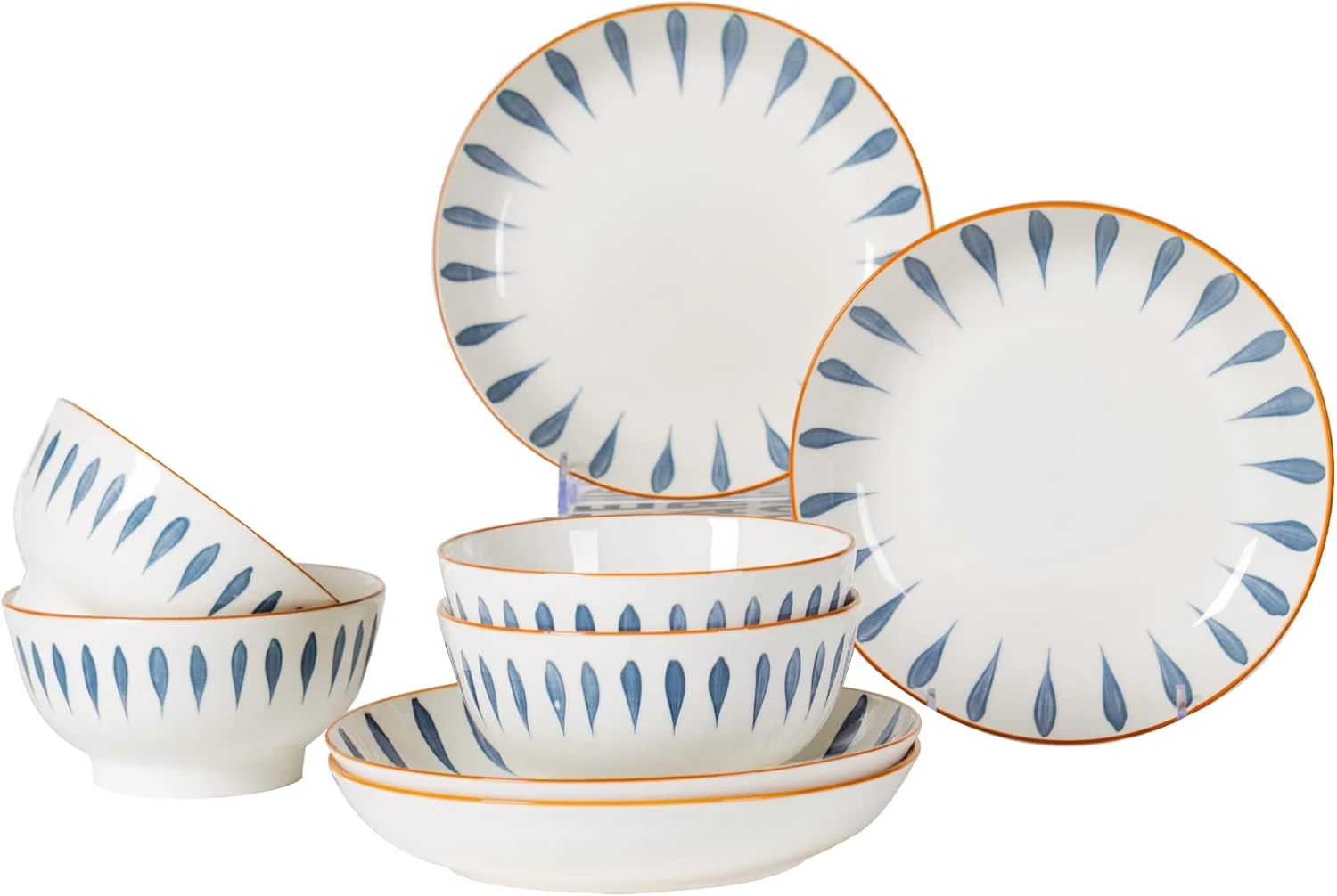 سرویس غذاخوری سرامیکی ۸ پارچه آبی و سفید TechPlus - شامل ۴ عدد بشقاب ۸.۱ اینچی، ۴ عدد کاسه ۵.۷ اینچی | قابل استفاده در مایکروویو و ماشین ظرفشویی | ظروف مدرن برای غذاخوری شیک