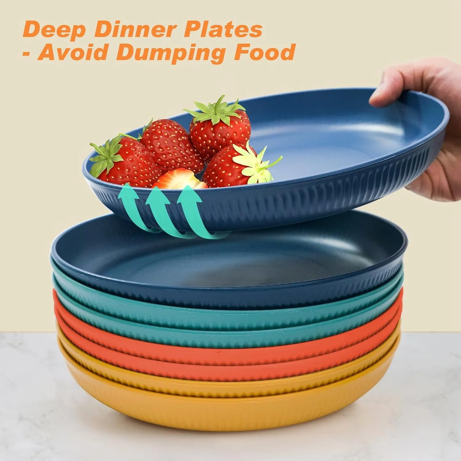 ست 8 تایی ظروف غذاخوری نی گندم TERRIFI، بشقاب های پلاستیکی نشکن قابل استفاده مجدد، مناسب برای آشپزخانه، کمپینگ، سالاد (9.1 اینچ)