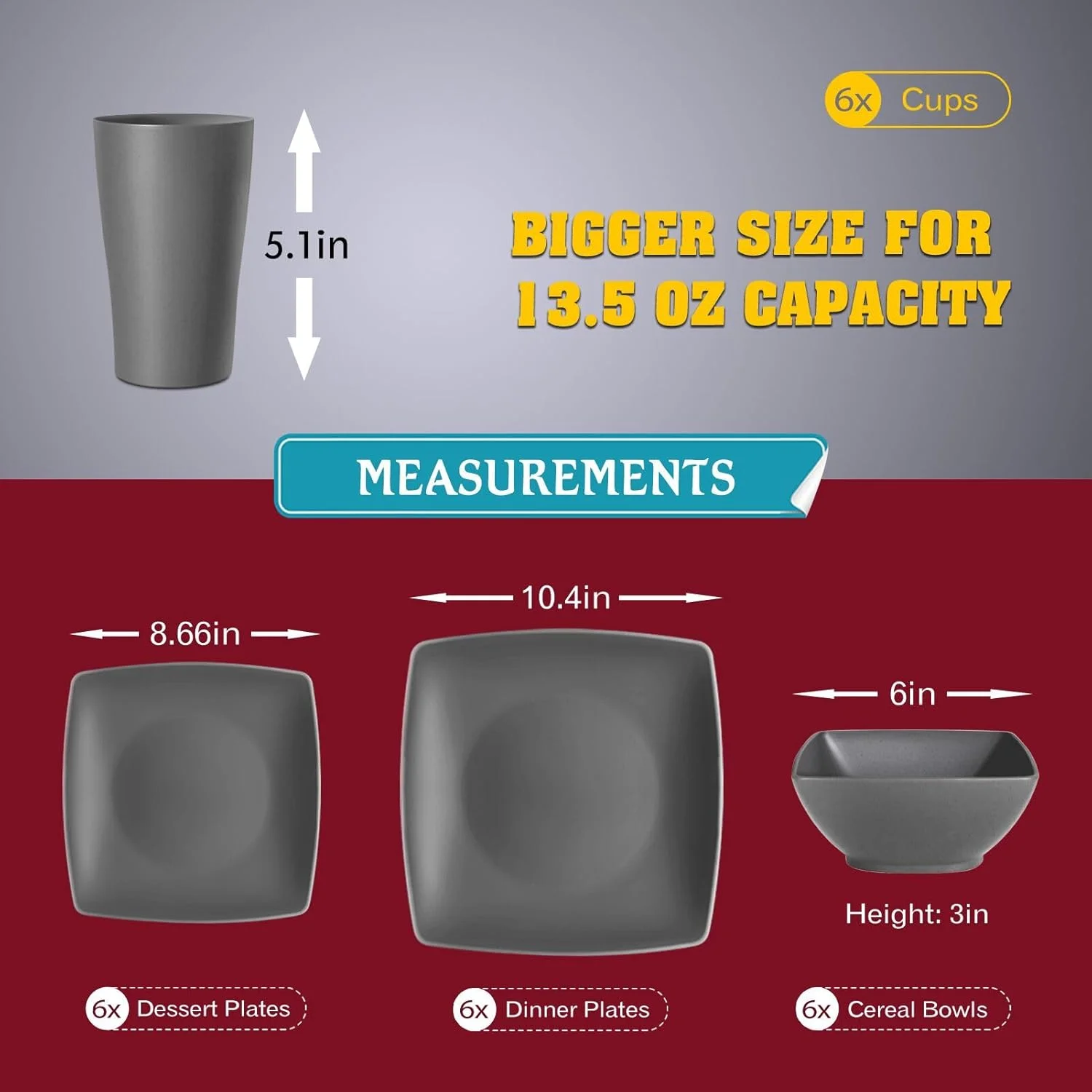 ست ظروف غذاخوری پلاستیکی مربعی 24 تکه Teivio، مناسب برای 6 نفر، شامل بشقاب غذاخوری، بشقاب دسر، کاسه غلات، لیوان 20 اونسی، ست نشکن بشقاب و کاسه پلاستیکی، ظروف کمپینگ در فضای باز، خاکستری