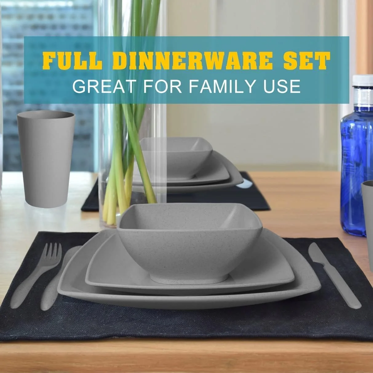 ست ظروف غذاخوری پلاستیکی مربعی 24 تکه Teivio، مناسب برای 6 نفر، شامل بشقاب غذاخوری، بشقاب دسر، کاسه غلات، لیوان 20 اونسی، ست نشکن بشقاب و کاسه پلاستیکی، ظروف کمپینگ در فضای باز، خاکستری