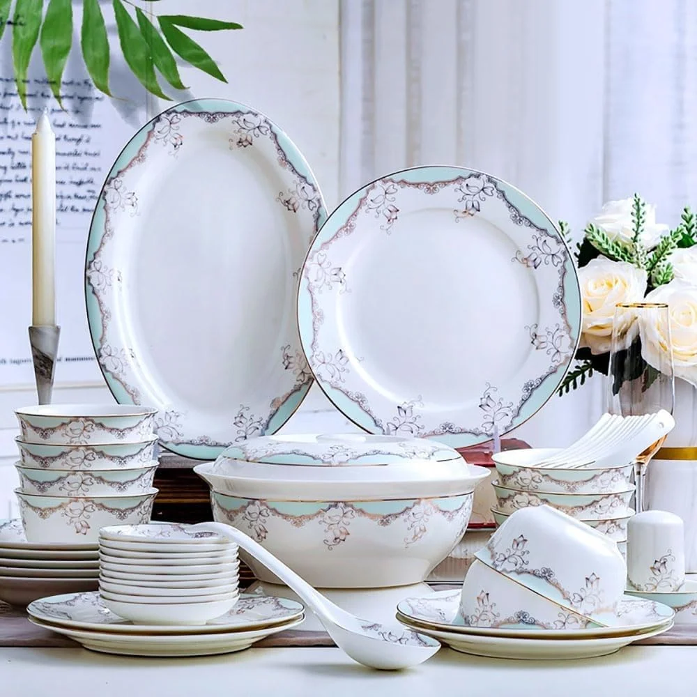 ست ظروف غذاخوری 56 تکه شامل کاسه، بشقاب، قاشق، سینی، ظروف چینی، کار دست ساز Jingdezhen، ظروف سرامیکی، ست کاسه چینی، هدیه