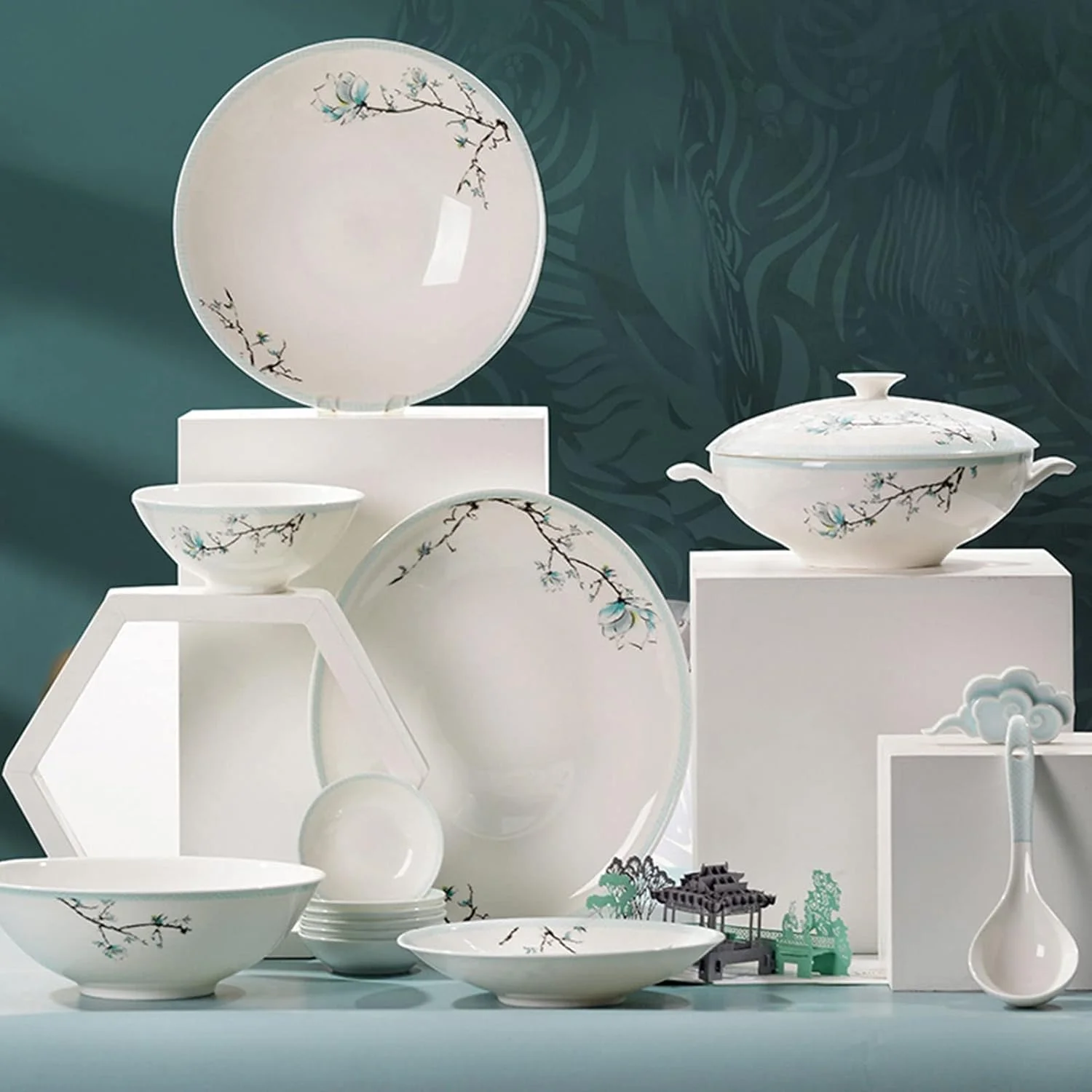 سرویس ظروف غذاخوری چینی استخوانی شیک مناسب برای 4/6/8 نفر، سرویس ظروف غذاخوری چینی، ست ظروف سرامیکی با بشقاب/پیش دستی/کاسه - ظروف رایگان، سفید - 48 تکه