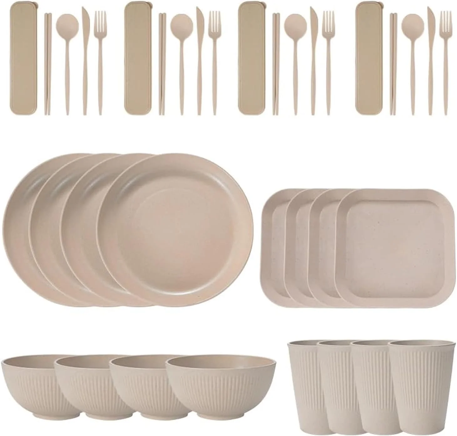 ست ظروف غذاخوری 36 تکه پلاستیکی کاه گندم TAME، شامل بشقاب غذاخوری، بشقاب دسر، کاسه غلات، ظروف نشکن و قابل استفاده مجدد پلاستیکی برای کمپینگ در فضای باز، ست بشقاب، فنجان و کاسه آشپزخانه (بژ)