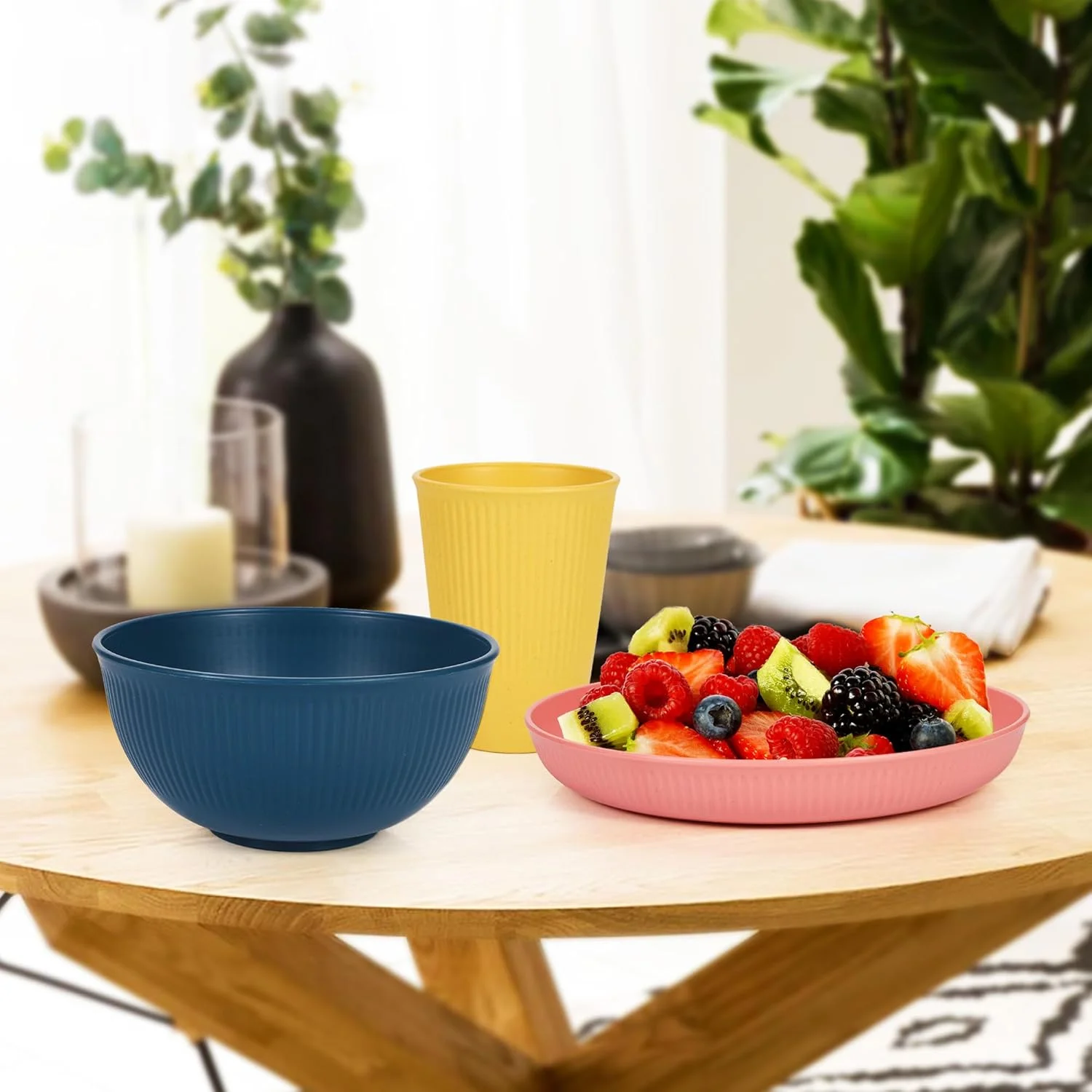 ست ظروف غذاخوری 18 تکه SUNBAK از جنس کاه گندم برای 6 نفر، ست ظروف نشکن، قابل شستشو در ماشین ظرفشویی و استفاده در مایکروویو، ست بشقاب، کاسه و فنجان از جنس کاه گندم قابل استفاده مجدد، مناسب آشپزخانه، مسافرت در فضای باز و کمپینگ