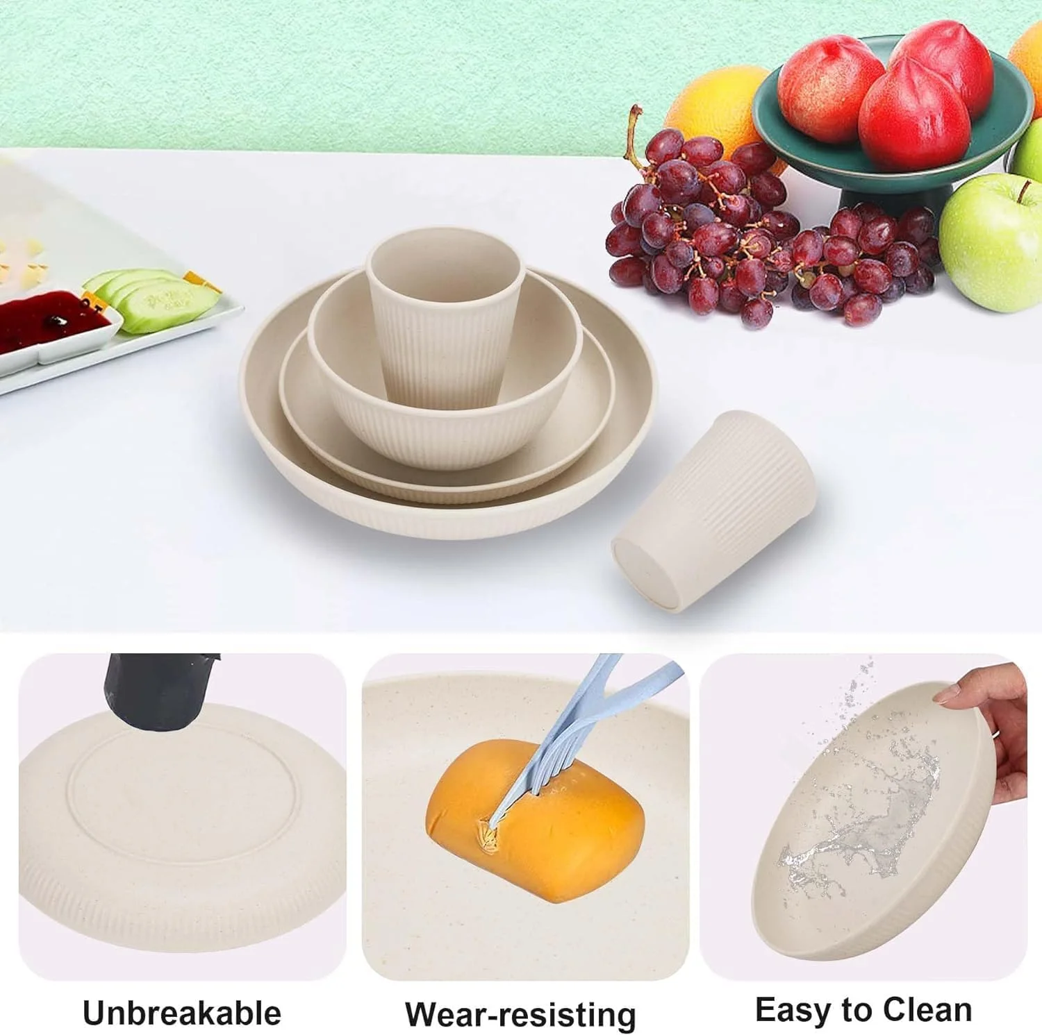 ست ظروف غذاخوری 36 تکه پلاستیکی کاه گندم TAME، شامل بشقاب غذاخوری، بشقاب دسر، کاسه غلات، ظروف نشکن و قابل استفاده مجدد پلاستیکی برای کمپینگ در فضای باز، ست بشقاب، فنجان و کاسه آشپزخانه (بژ) ست ظروف غذاخوری 36 تکه پلاستیکی کاه گندم TAME، شامل بشقاب غذاخوری، بشقاب دسر، کاسه غلات، ظروف نشکن و قابل استفاده مجدد پلاستیکی برای کمپینگ در فضای باز، ست بشقاب، فنجان و کاسه آشپزخانه (بژ)