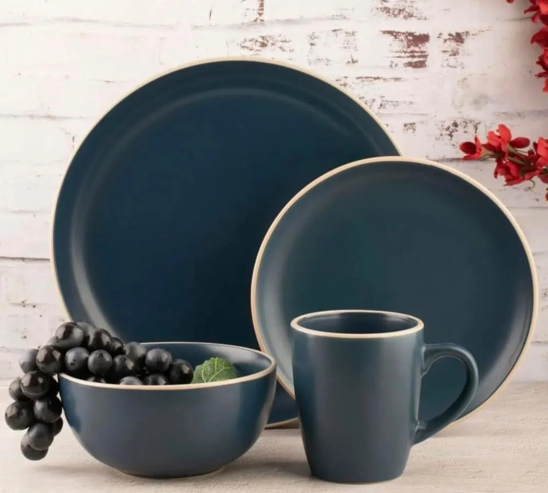 ست ظروف غذاخوری 16 پارچه سنگی، ست های غذاخوری، ست ترکیبی ظروف غذاخوری مناسب برای 4 نفر، شامل بشقاب، کاسه، لیوان، مناسب برای مهمانی رستوران خانوادگی، آبی مات