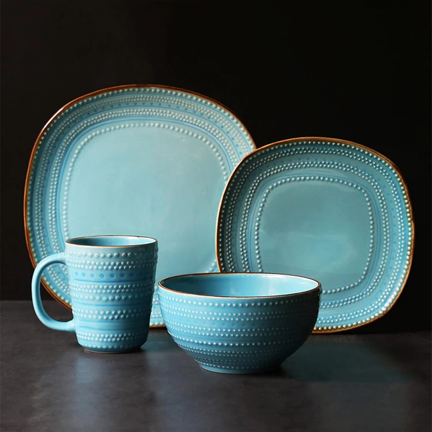 ست ظروف غذاخوری سنگی چینی، ست 16 تکه ظروف غذاخوری سنگی با لعاب واکنش‌گرا، ست لیوان، بشقاب و کاسه آشپزخانه، ست ظروف غذاخوری