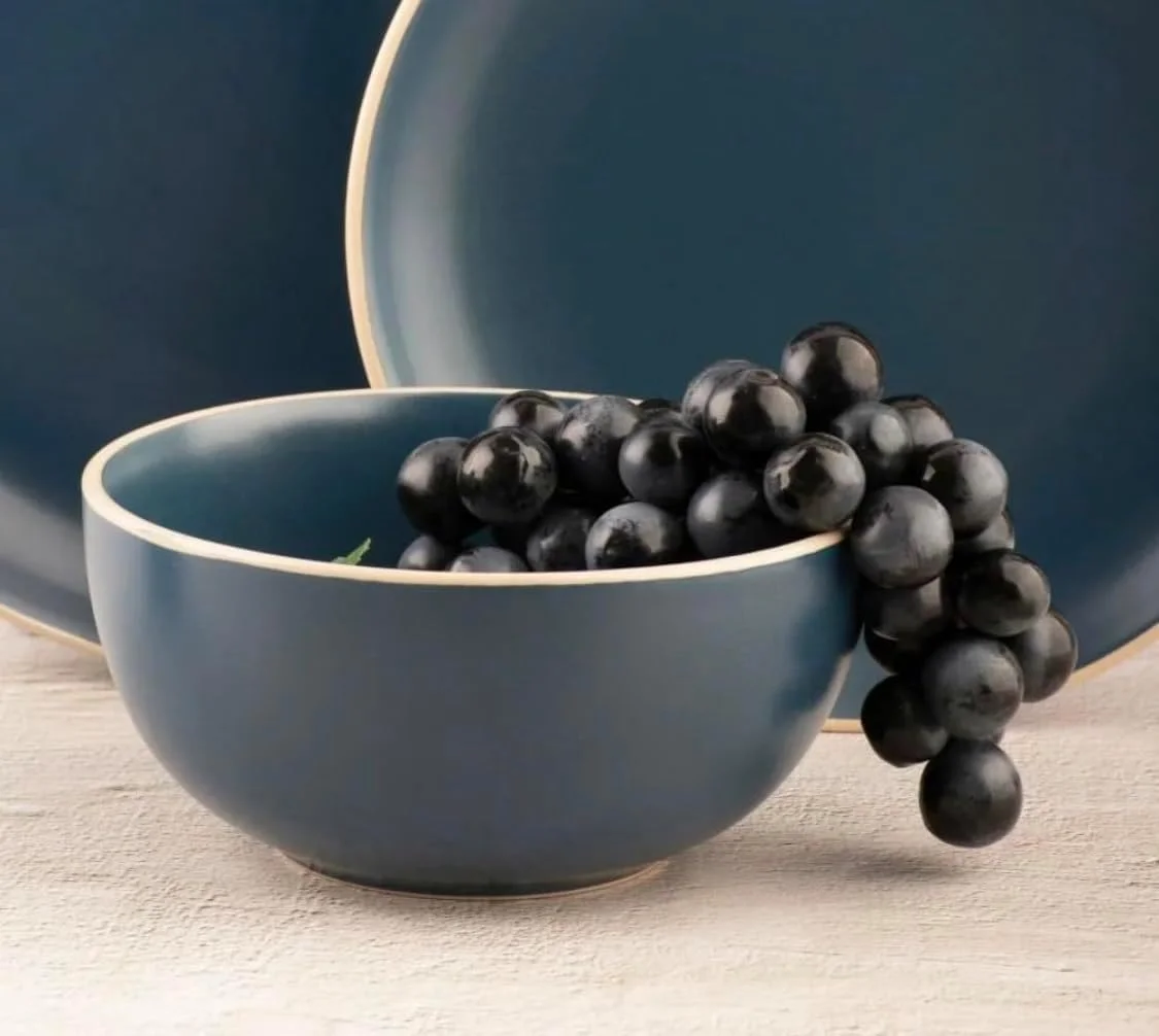 ست ظروف غذاخوری 16 پارچه سنگی، ست های غذاخوری، ست ترکیبی ظروف غذاخوری مناسب برای 4 نفر، شامل بشقاب، کاسه، لیوان، مناسب برای مهمانی رستوران خانوادگی، آبی مات