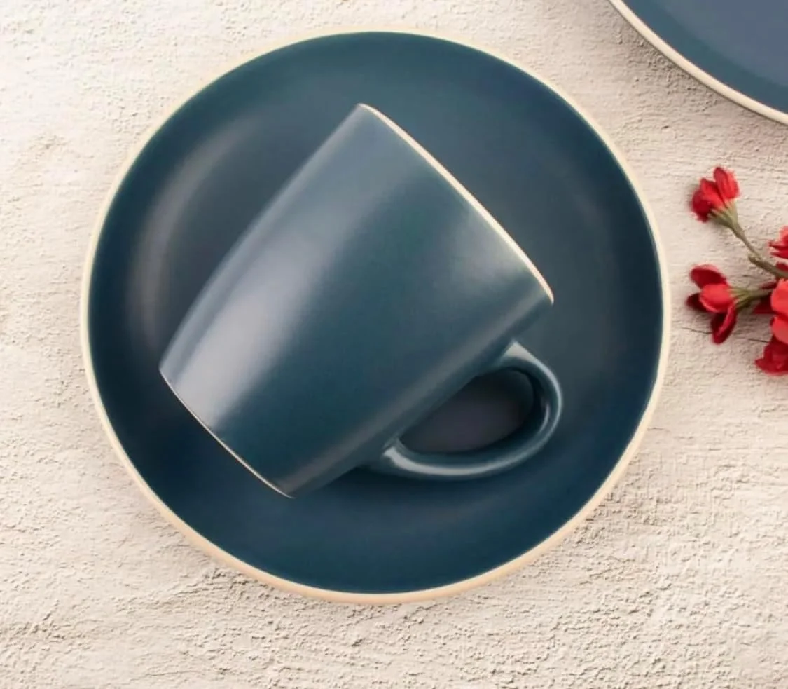 ست ظروف غذاخوری 16 پارچه سنگی، ست های غذاخوری، ست ترکیبی ظروف غذاخوری مناسب برای 4 نفر، شامل بشقاب، کاسه، لیوان، مناسب برای مهمانی رستوران خانوادگی، آبی مات