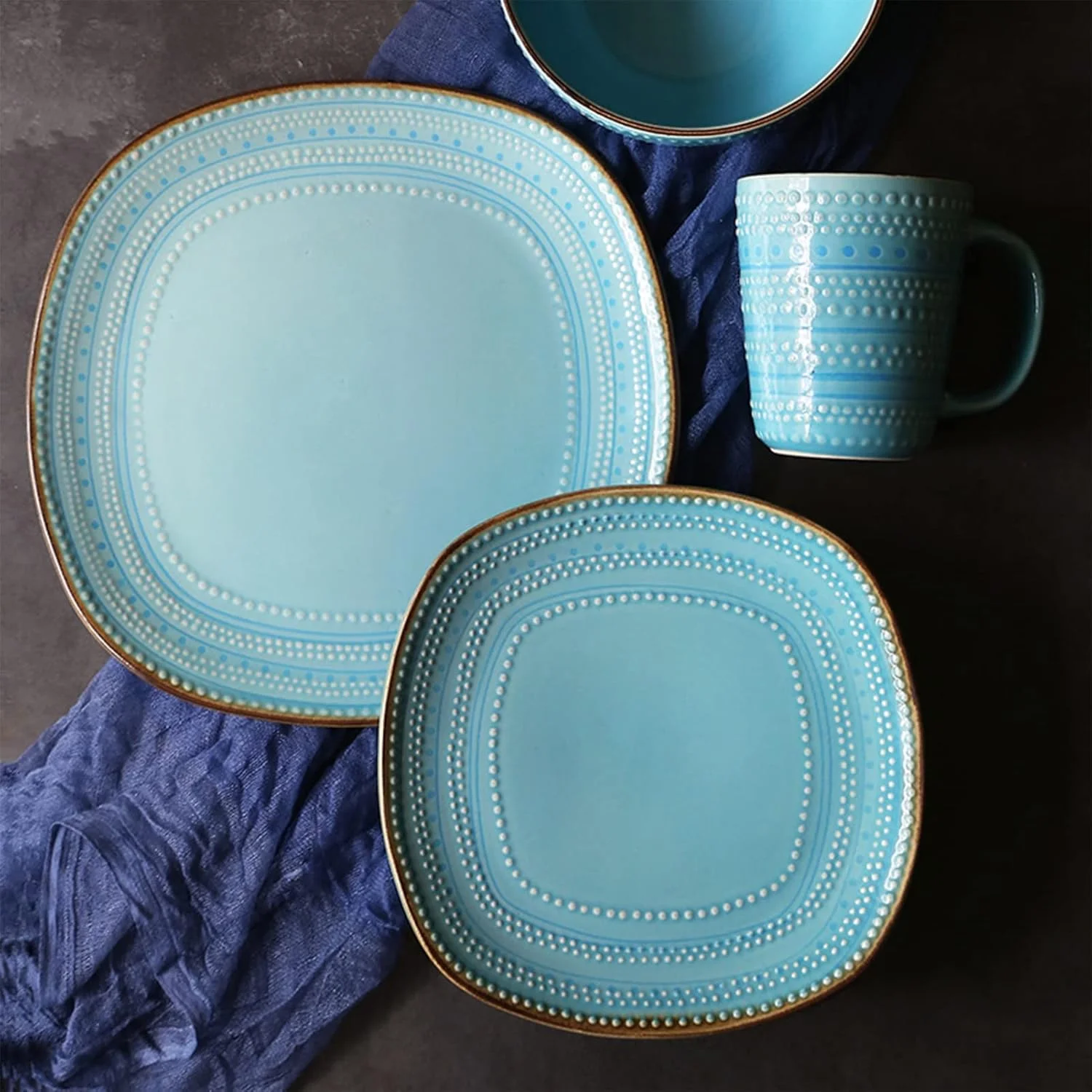 ست ظروف غذاخوری سنگی چینی، ست 16 تکه ظروف غذاخوری سنگی با لعاب واکنش‌گرا، ست لیوان، بشقاب و کاسه آشپزخانه، ست ظروف غذاخوری