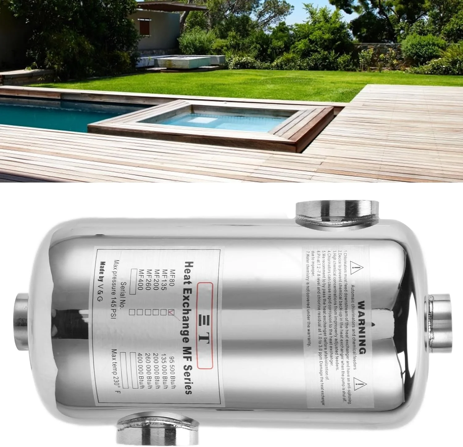 fannay Pool Heat Exchanger, 25KW Swimming Pool Heat Exchanger, Stainless Steel Tube Shell Heat Exchanger for Swimming Pool, Thermostat Circulating Heating Equipment for SPA Pool Supplies