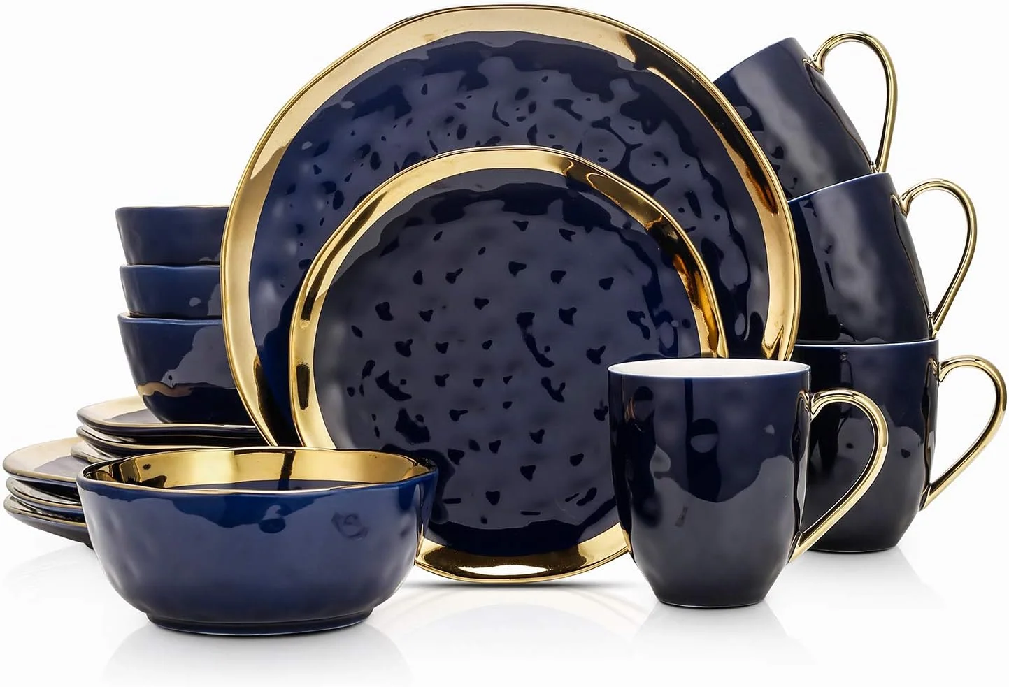 Stone Lain Porcelain 16 Piece Dinnerware Set, Service for 4, Blue and Golden Rim, Dark Blue Stone Lain Porcelain 16 Piece Dinnerware Set, Service for 4, Blue and Golden Rim, Dark Blue