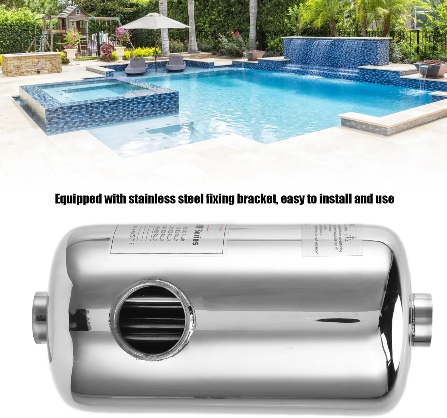 fannay Pool Heat Exchanger, 25KW Swimming Pool Heat Exchanger, Stainless Steel Tube Shell Heat Exchanger for Swimming Pool, Thermostat Circulating Heating Equipment for SPA Pool Supplies