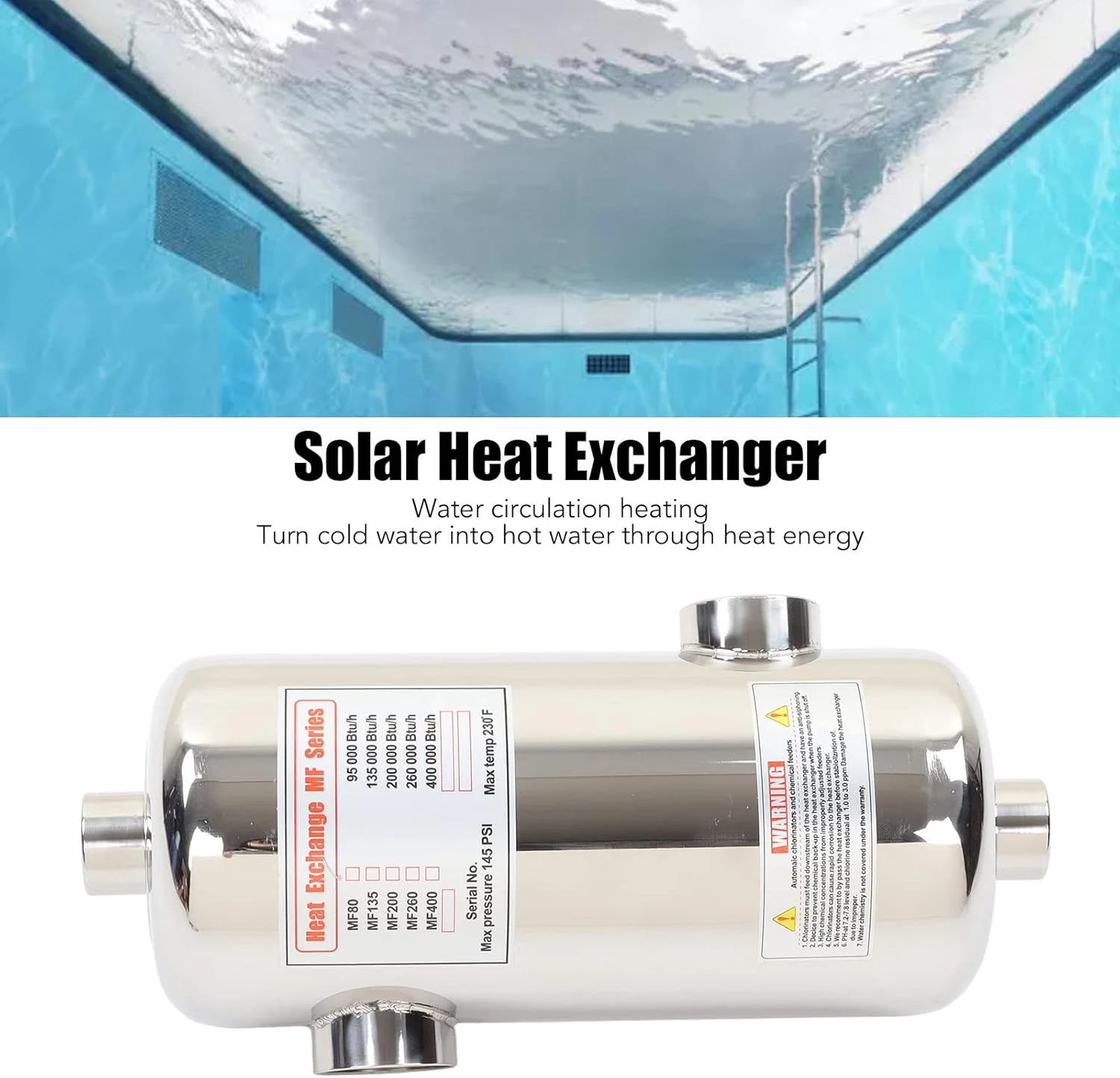 Focket Heat Exchanger for Pool, MF 135 40 kW, Stainless Steel, Solar Pool Heater, Cyclic Heating, for SPA Swimming Solar Heating and Cooling