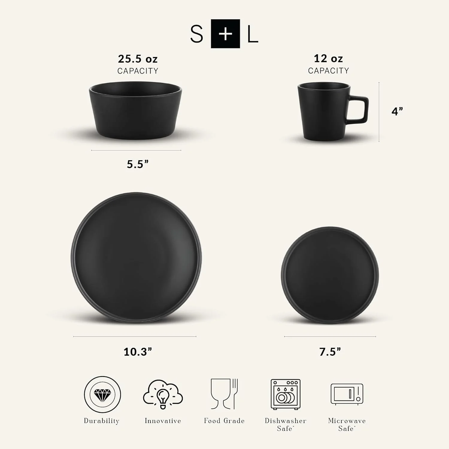 Stone Lain Coupe Dinnerware Set, Service For 4, Black Matte