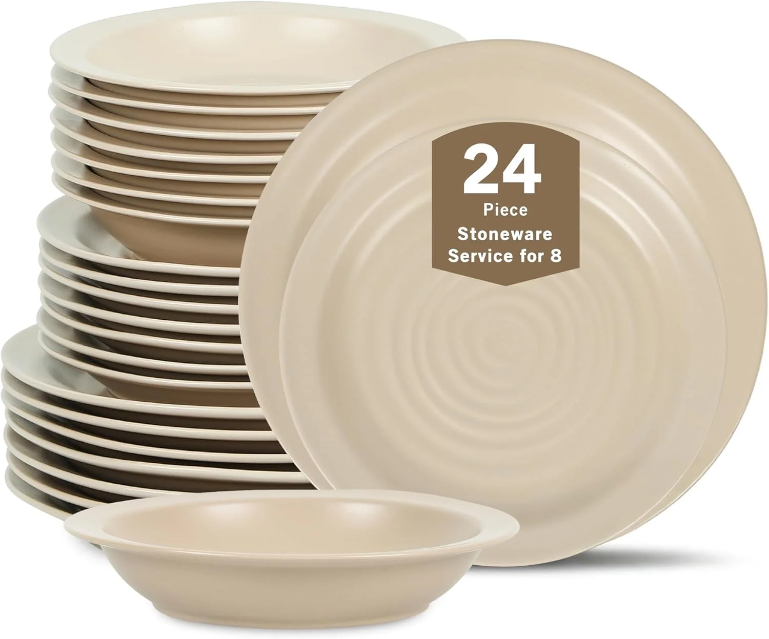 Stone Lain Orbit 24-Piece Dinnerware Set Stoneware, Plates and Bowls Set, Pasta Bowls, Microwave and Dishwasher Safe, Dish Set for 8, Beige