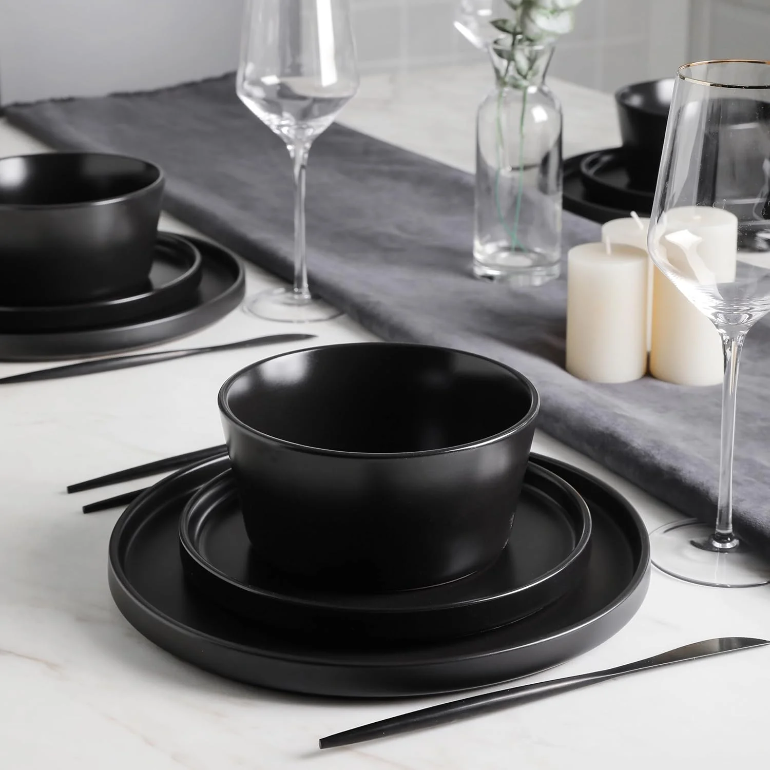 Stone Lain Coupe Dinnerware Set, Service For 4, Black Matte