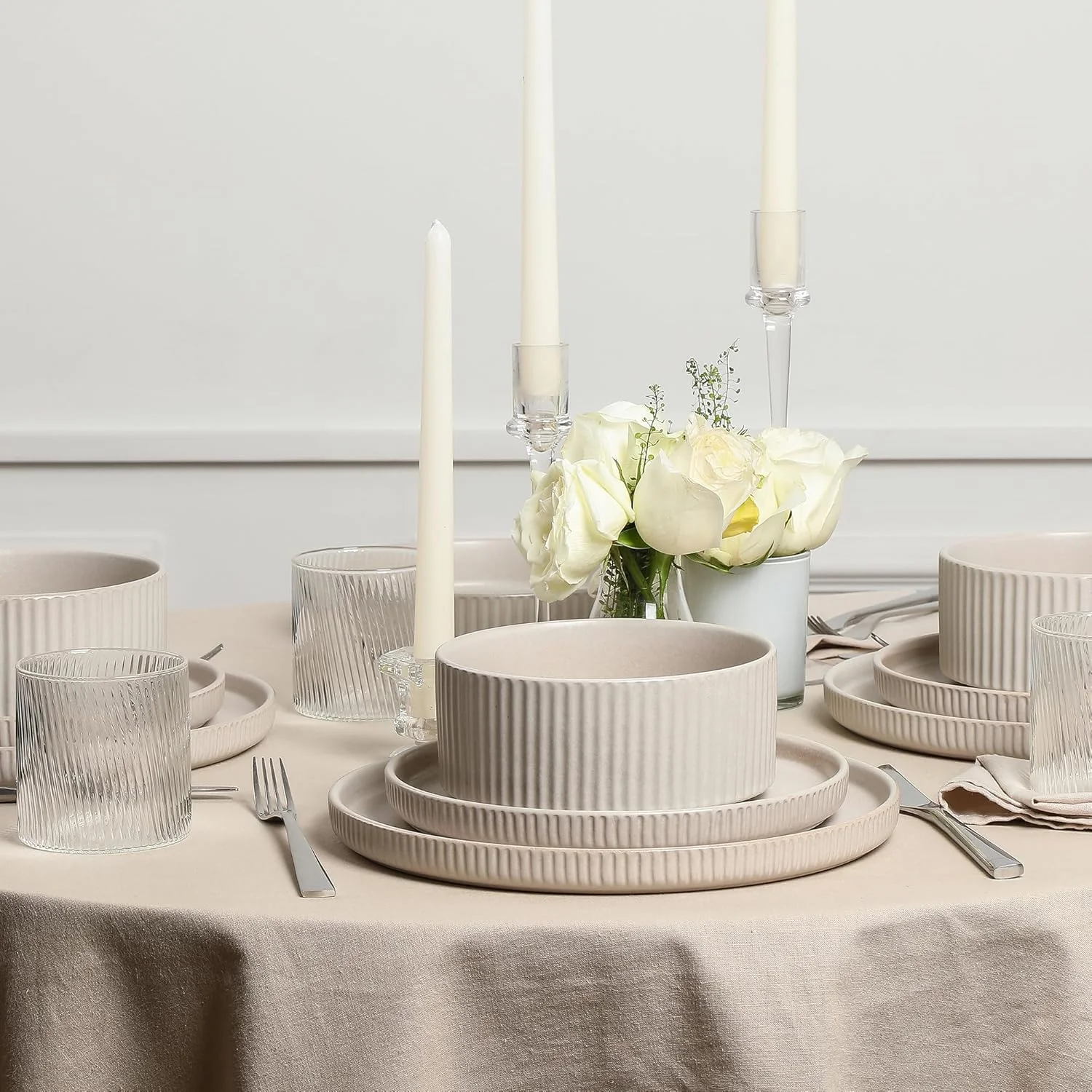 Stone Lain Haven Stoneware 16-Piece Dinnerware Set, Plates and Bowls Sets for 4, Dish Set, Includes Dinner sets, Salad Plates, Cereal Bowls, Glassware, Microwave & Dishwasher Safe, Beige