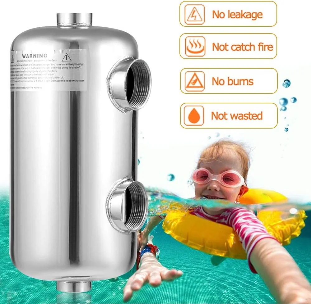 مبدل حرارتی استخر Meiney با ظرفیت 95KBTU، پوسته و لوله استیل ضد زنگ برای استخرها، اسپا، وان آب گرم، گرمایش هیدرولیک، بازیابی حرارت، ذوب برف، پورت های هم طرفی 1 اینچ + 1 1/2 اینچ FPT