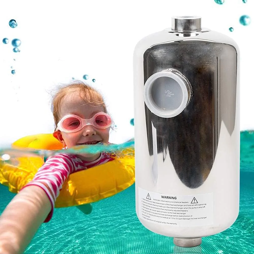 مبدل حرارتی استخر Meiney با ظرفیت 95KBTU، پوسته و لوله استیل ضد زنگ برای استخرها، اسپاها، وان های آب گرم، گرمایش هیدرولیک، بازیابی حرارت، ذوب برف، پورت های طرف مقابل 1 اینچ + 1 1/2 اینچ FPT