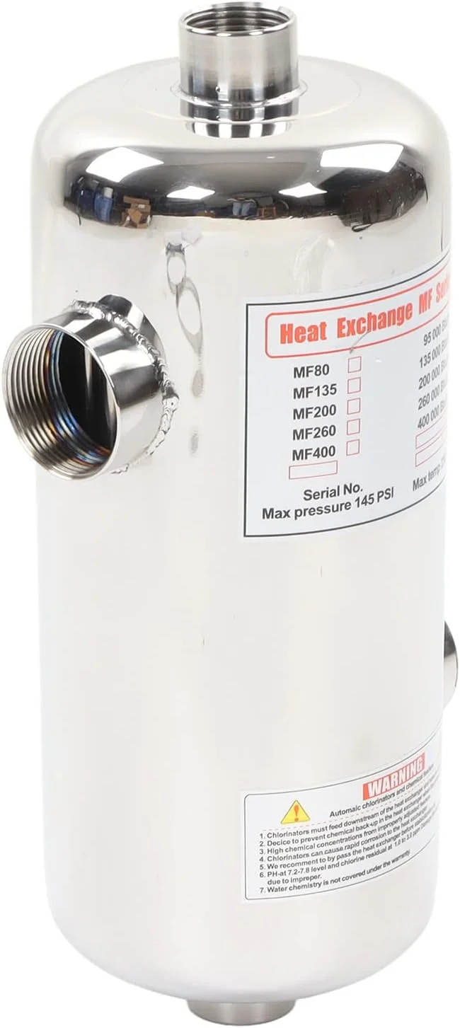 مبدل حرارتی استخر Asixxsix، 40 کیلووات، پوشش لوله استیل ضد زنگ، بخاری آب استخر با دمای ثابت، مبدل حرارتی خورشیدی با براکت ثابت برای 16000 گالن، اسپا، وان آب گرم