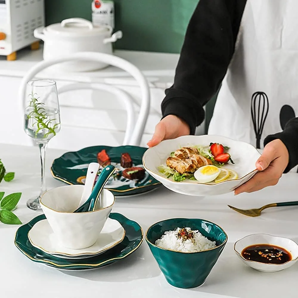 سرویس غذاخوری، سرویس ظروف غذاخوری رستورانی ویژه، ست بشقاب و کاسه به سبک مینیمالیستی نوردیک، ست ظروف سرامیکی ترکیبی سبز و سفید