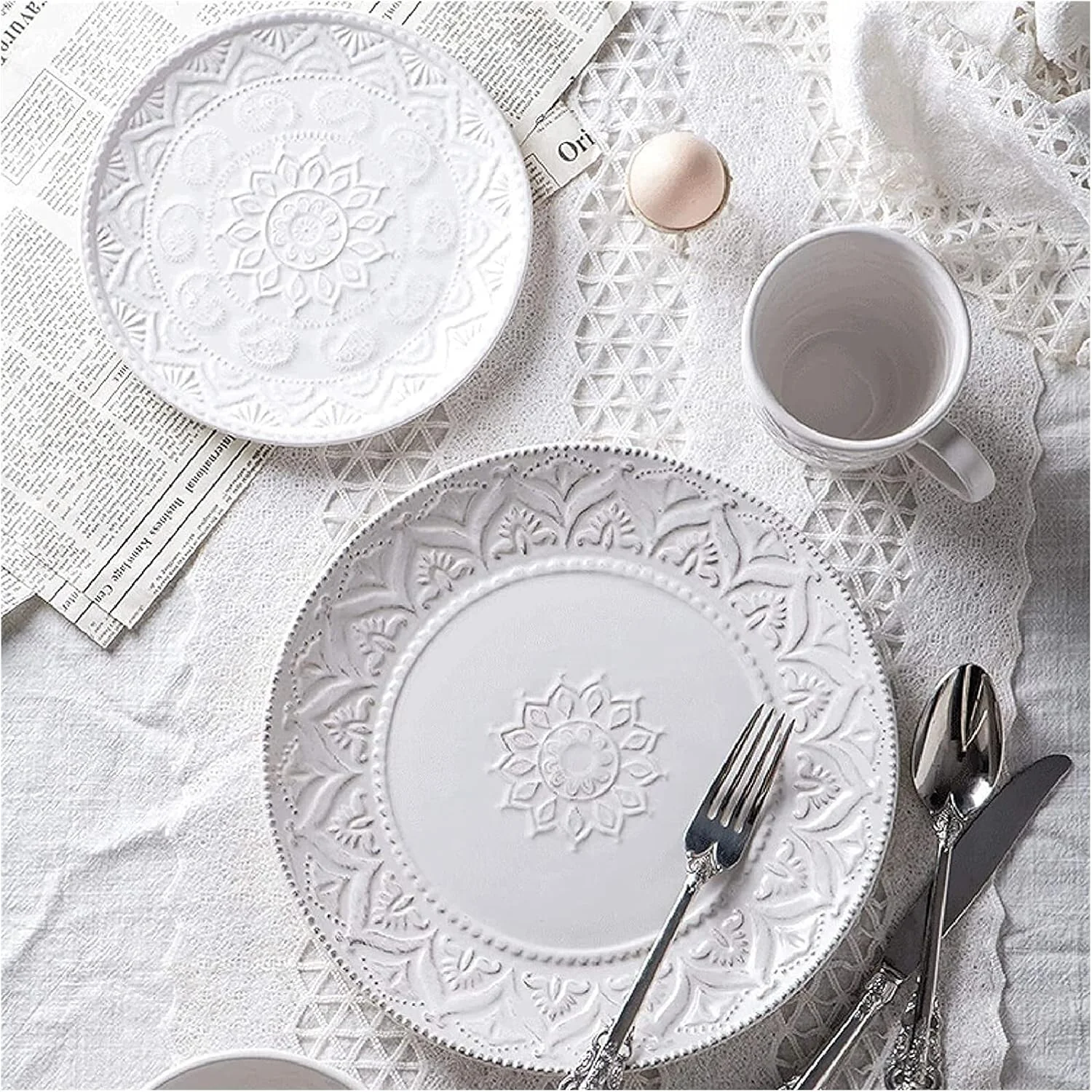 ست ظروف غذاخوری ویژه رستورانی، ست غذاخوری مهمانی، ست ظروف سرامیکی، ست ظروف غذاخوری چینی با طرح برجسته وینتیج سفید، 24 تکه