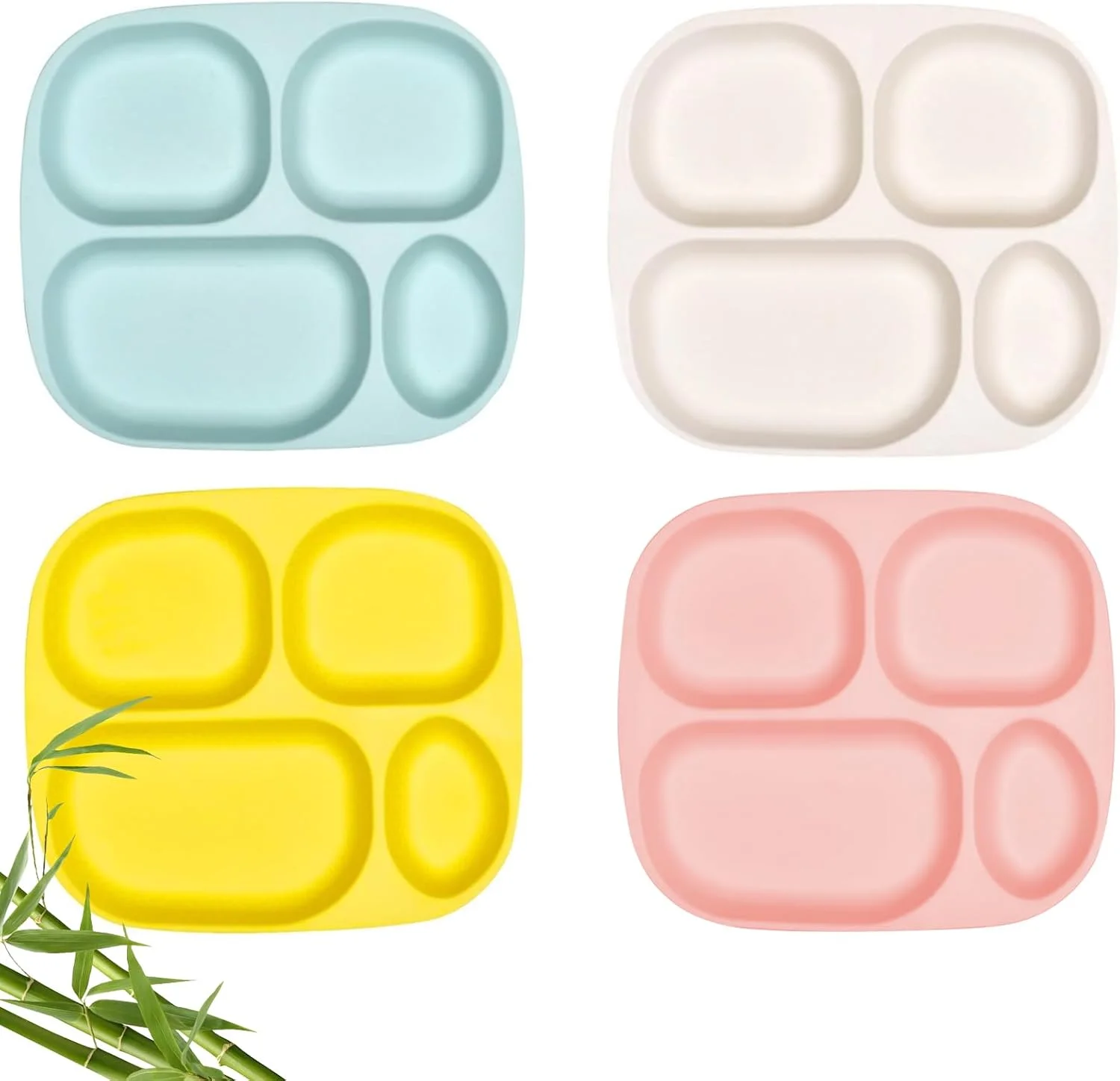 ست بشقاب های بامبو تقسیم شده Shopwithgreen برای کودکان و بزرگسالان - 4 عدد ظروف غذاخوری بزرگ بامبو برای کودکان نوپا، کودکان، بدون BPA، ضد لغزش، قابل چیدن، قابل شستشو در ماشین ظرفشویی، 9.4 اینچ