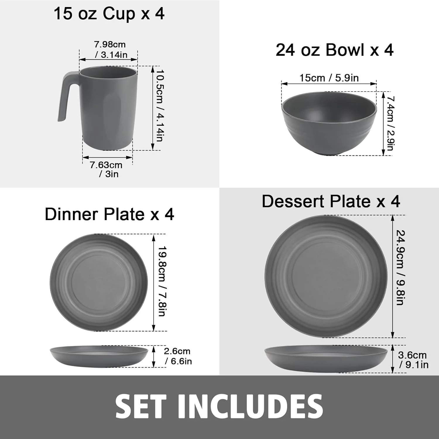 ست ظروف پلاستیکی شامل بشقاب و کاسه شاپیث‌گرین - مجموعه ظروف غذاخوری 16 تکه برای 4 نفر، ست بشقاب نشکن و قابل استفاده مجدد - بشقاب و کاسه قابل شستشو در ماشین ظرفشویی و استفاده در مایکروویو، لیوان و ماگ برای آشپزخانه، کمپینگ، خوابگاه