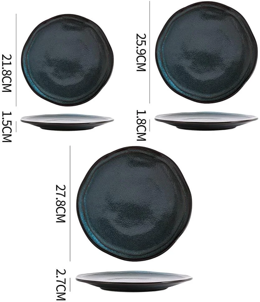 ست ظروف غذاخوری سرامیکی SHUER سه تکه، ست بشقاب غذاخوری روزانه و مهمانی، ست بشقاب لعاب دار مناسب مایکروویو (آبی)