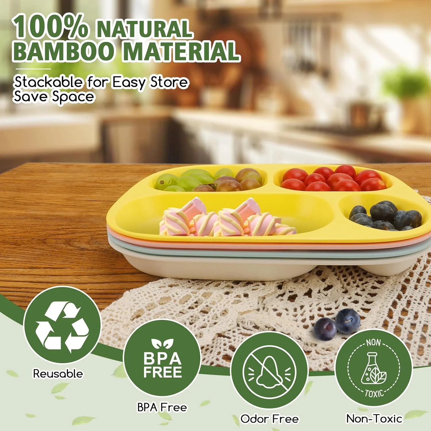 ست بشقاب های بامبو تقسیم شده Shopwithgreen برای کودکان و بزرگسالان - 4 عدد ظروف غذاخوری بزرگ بامبو برای کودکان نوپا، کودکان، بدون BPA، ضد لغزش، قابل چیدن، قابل شستشو در ماشین ظرفشویی، 9.4 اینچ