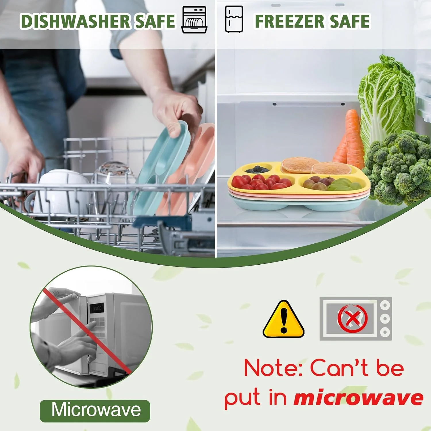 ست بشقاب های بامبو تقسیم شده Shopwithgreen برای کودکان و بزرگسالان - 4 عدد ظروف غذاخوری بزرگ بامبو برای کودکان نوپا، کودکان، بدون BPA، ضد لغزش، قابل چیدن، قابل شستشو در ماشین ظرفشویی، 9.4 اینچ