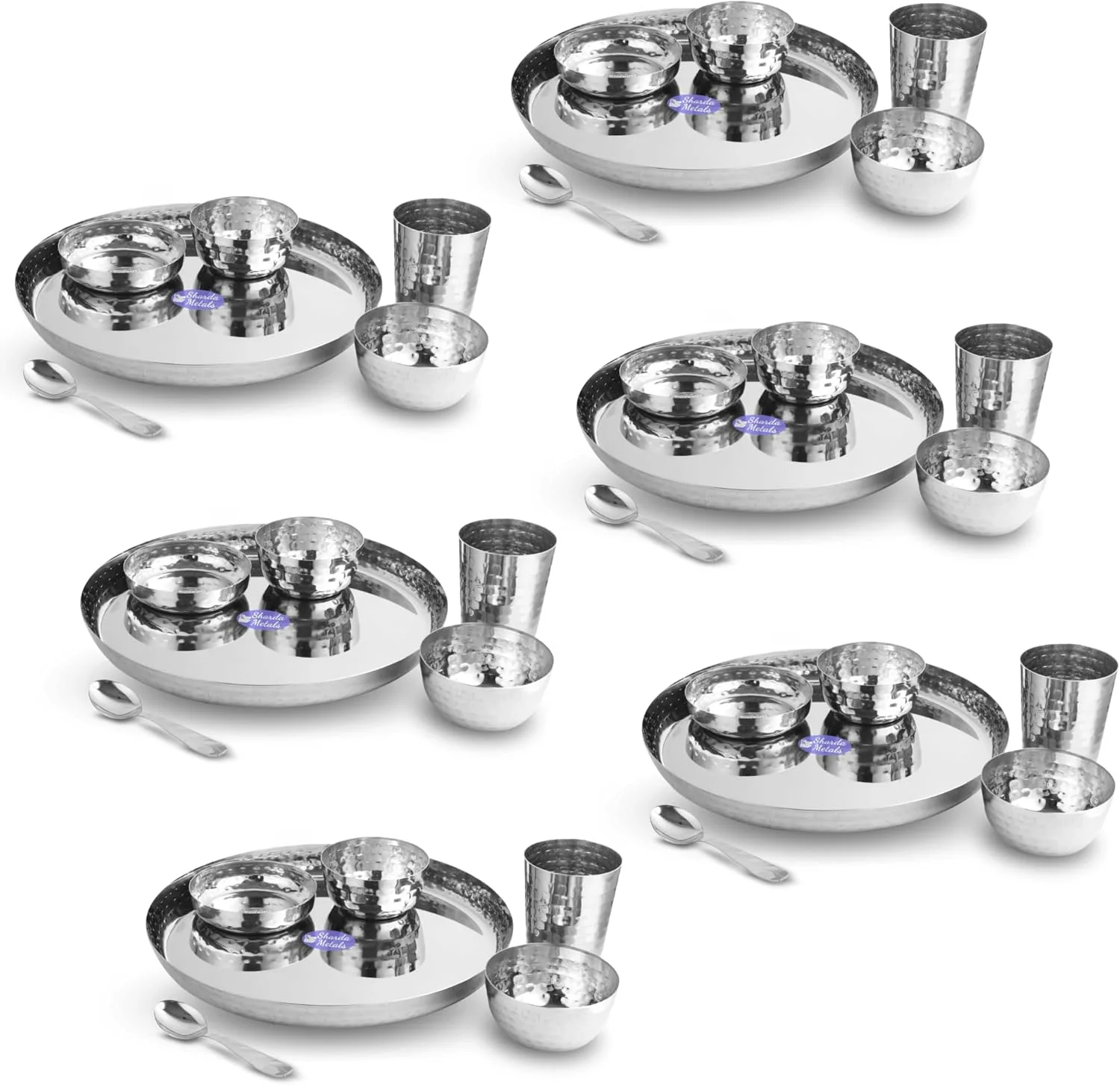 سرویس غذاخوری 36 پارچه استیل چکش کاری شده شاردا متالز | شامل 6 بشقاب تالی، 12 کاسه خورشت، 6 بشقاب پیش دستی، 6 لیوان، 6 قاشق | ست پذیرایی بوفه سبک ماثار، ظروف بادوام و قابل شستشو در ماشین ظرفشویی