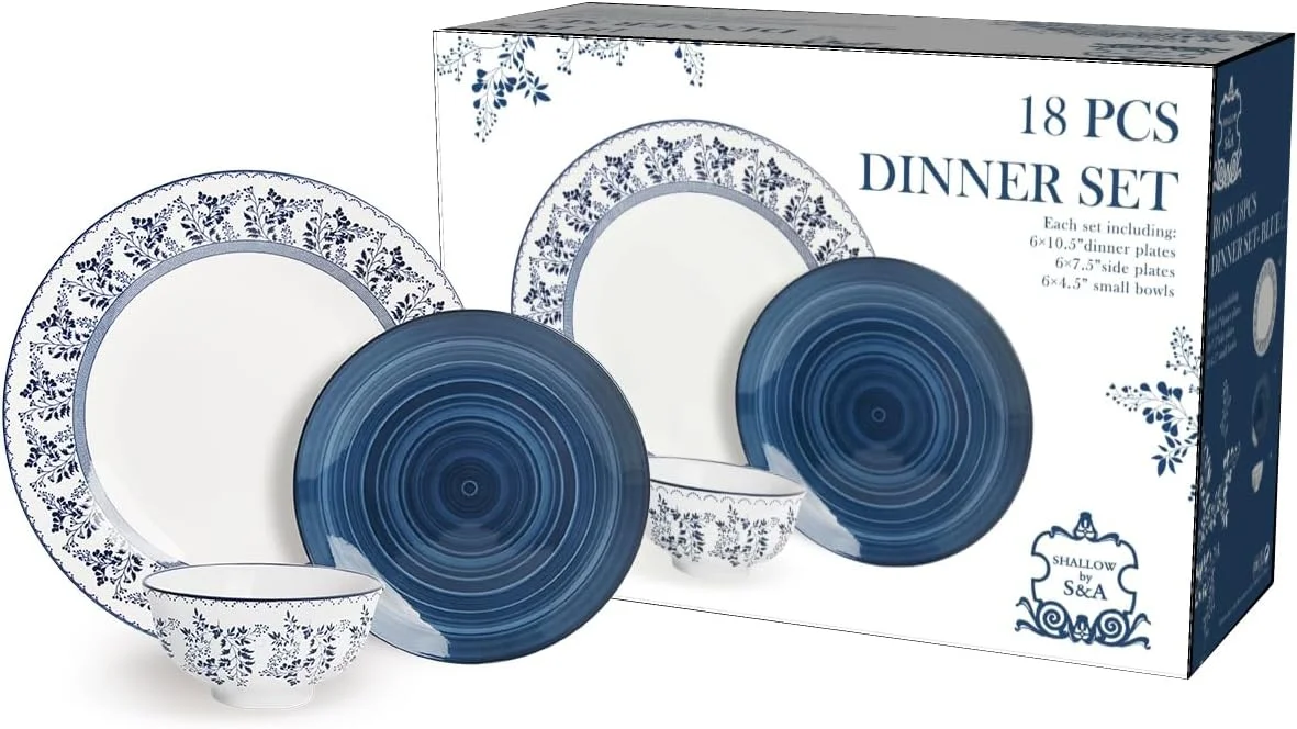 سرویس غذاخوری چینی رزی کم عمق بای کویزین آرت، ۱۸ پارچه، آبی (۶ بشقاب غذاخوری، ۶ بشقاب خورشت خوری، ۶ کاسه کوچک)