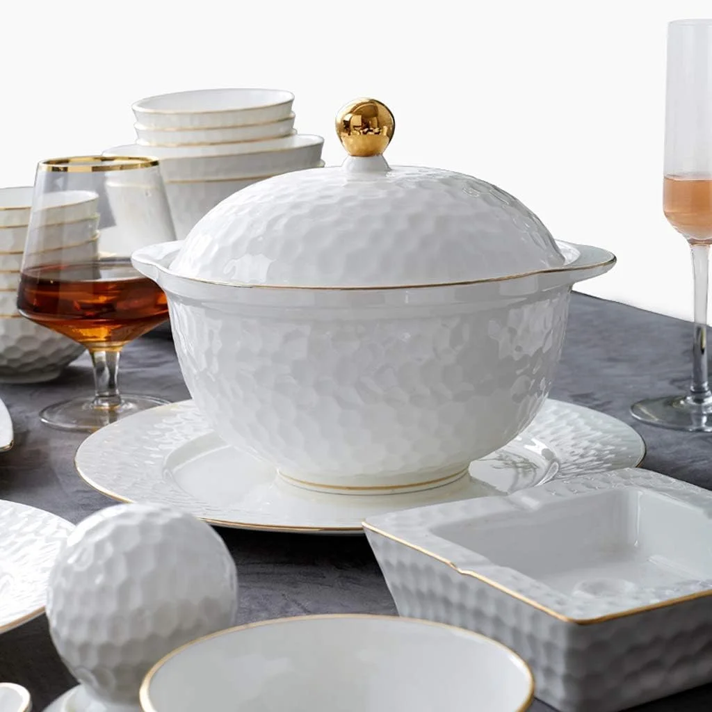 ست بشقاب و کاسه، ست ظروف آشپزخانه، ست ظروف سرامیکی 60 تکه دست ساز طلایی چینی استخوانی، کاسه غلات و بشقاب و قابلمه سوپ برای خانواده