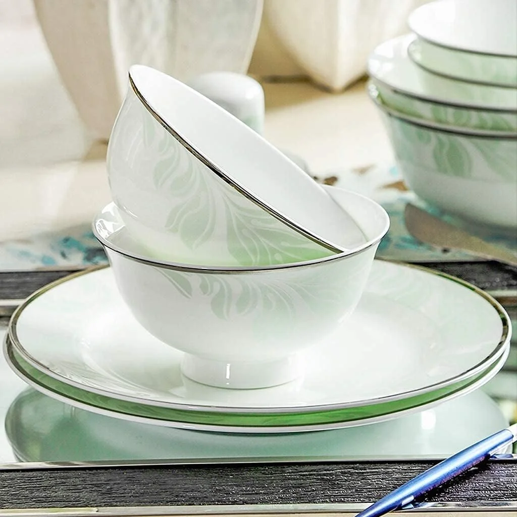 ست بشقاب و کاسه، ست ظروف غذاخوری سرامیکی 46 تکه، کاسه/قابلمه/دیس/قاشق، ست ظروف چینی استخوانی، ست ترکیبی چینی سبز تازه
