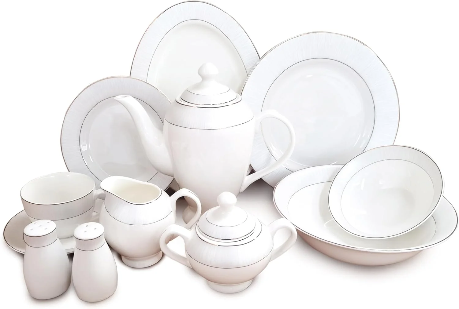 سرویس غذاخوری چینی استخوانی شالو بای کویزین آرت - فلیز، ۴۷ پارچه، سفید | ۸ پیت، ۸ بشقاب دسر، ۸ فنجان، ۸ نعلبکی، ۸ کاسه، ۱ کاسه سالاد، ۱ دیس بیضی، ۱ قوری چای، ۱ قندان، ۱ نمکدان، ۱ فلفلدان