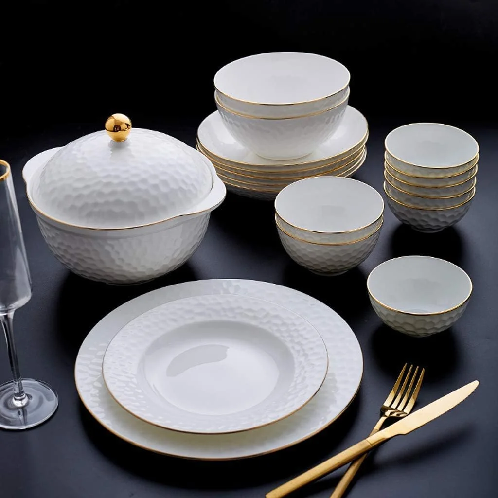 ست بشقاب و کاسه، ست ظروف آشپزخانه، ست ظروف سرامیکی 60 تکه دست ساز طلایی چینی استخوانی، کاسه غلات و بشقاب و قابلمه سوپ برای خانواده
